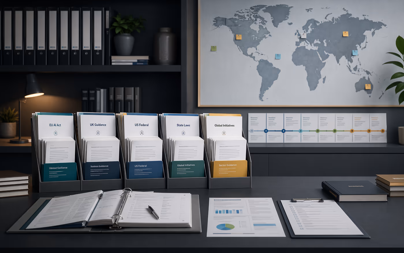 Jurisdiction Guide Library preview workspace with organized AI governance documents and trackers.