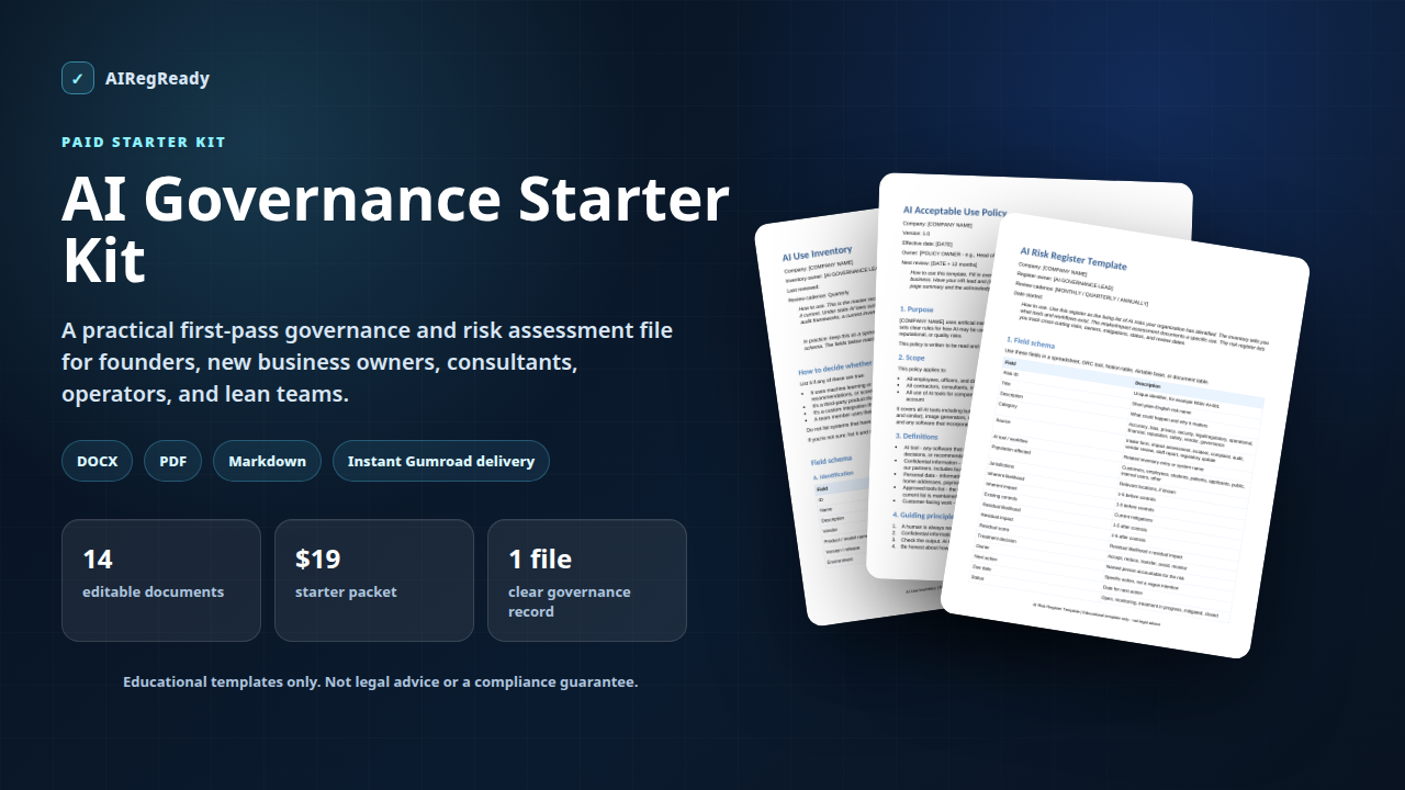 AI Governance Starter Kit overview with product summary, document previews, and delivery notes.