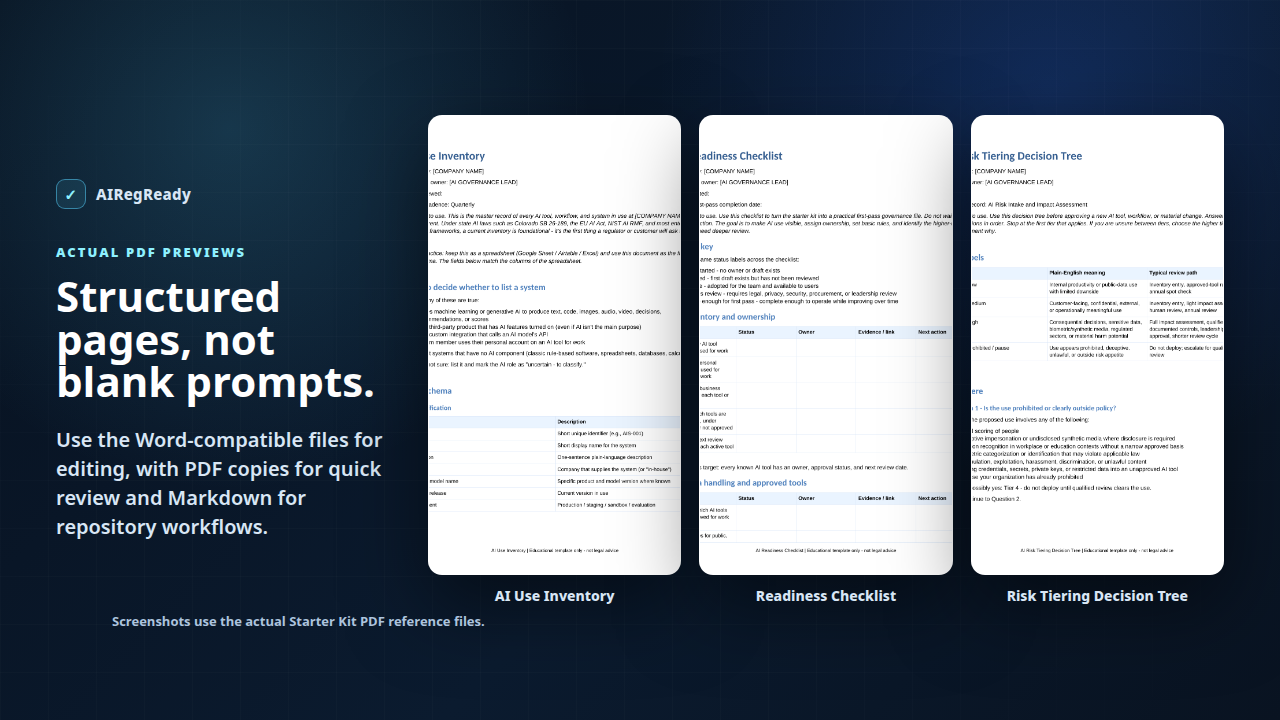 Actual PDF previews from the AI Governance Starter Kit showing sample document pages.