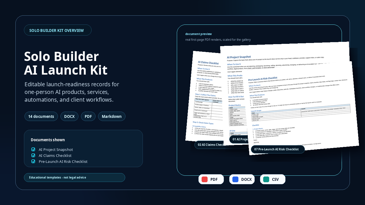Solo Builder AI Launch Kit overview with product summary, document previews, and educational-use notes.